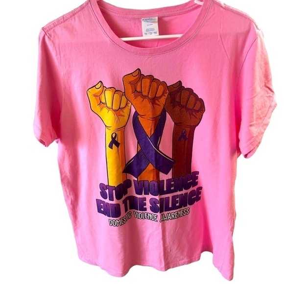 Port and Co Cotton Tee Women 2XL Pink with Front Graphic Stop Domestic Violence - Picture 1 of 7